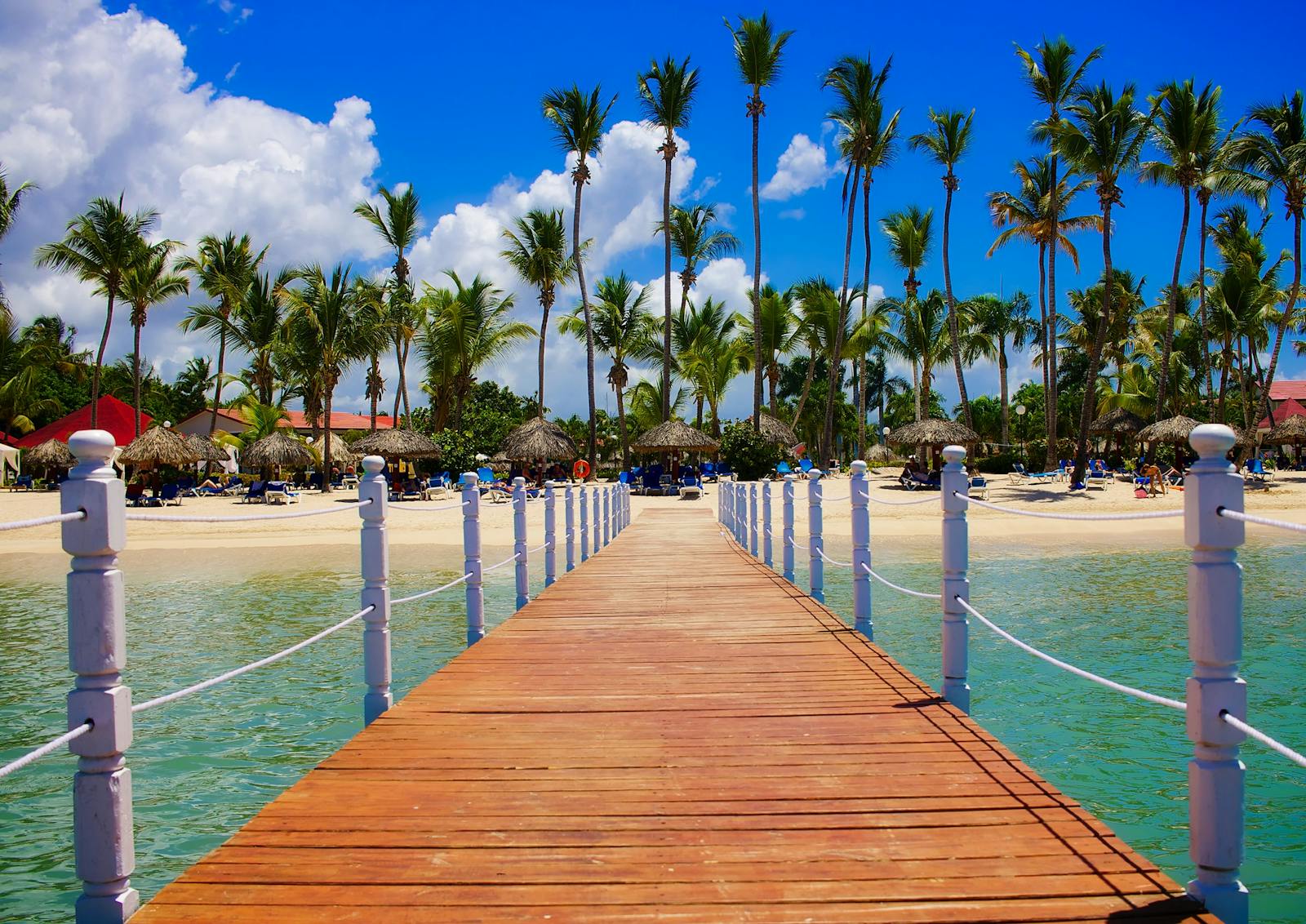 Wooden dock leading to a tropical beach resort with palm trees and clear blue waters.